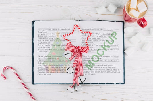 Free Open Book Mockup With Christmas Decoration Psd