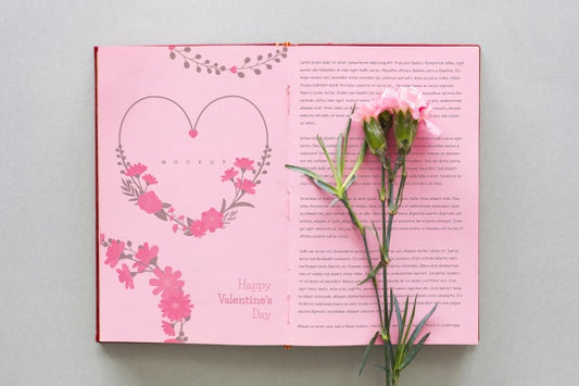 Free Open Book Mockup With Flower For Valentine Psd