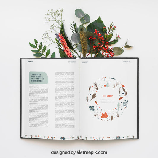 Free Open Book Mockup With Leaves Psd