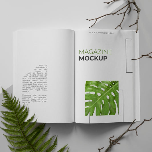 Free Open Magazine And Plant Assortment Flat Lay Psd
