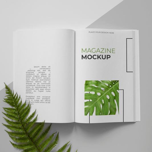 Free Open Magazine And Plant Assortment Top View Psd