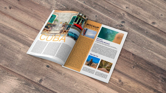 Free Open Magazine Mockup On Wooden Table Psd