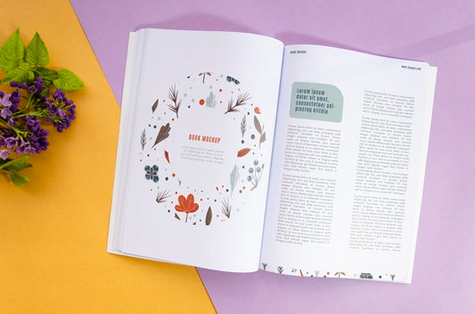 Free Open Magazine Next To Lavender Mock Up Psd