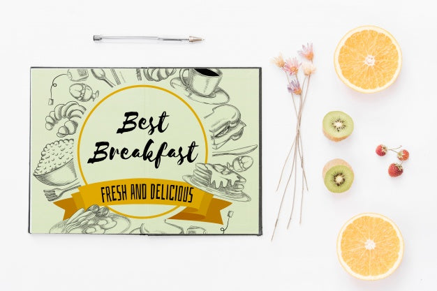 Free Open Notebook Mockup With Breakfast Concept Psd