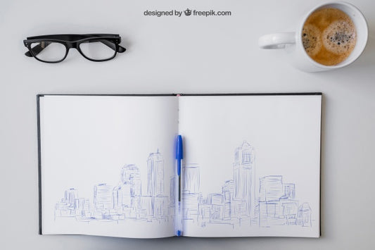 Free Open Notebook With Pen Drawing, Glasses And Coffee Psd