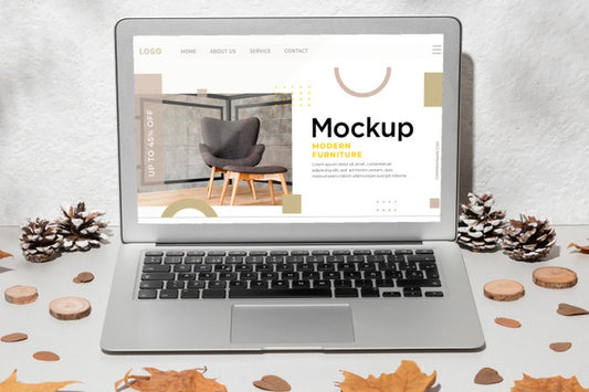 Free Opened Laptop Mockup On The Table Surrounded By Autumn Leaves Psd