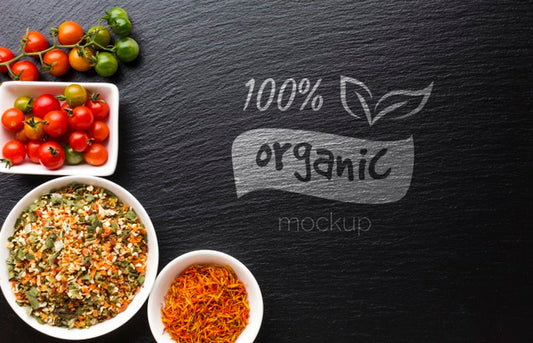 Free Organic Mock-Up With Spices And Tomatoes Psd