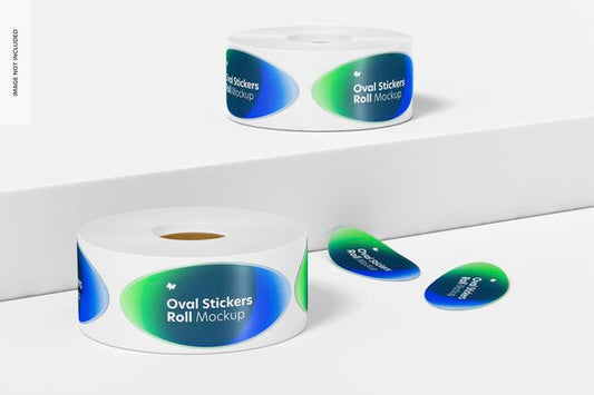 Free Oval Stickers Rolls Mockup, Front View Psd