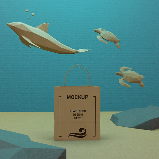 Free Paper Bag And Sea Life Underwater With Mock-Up Psd