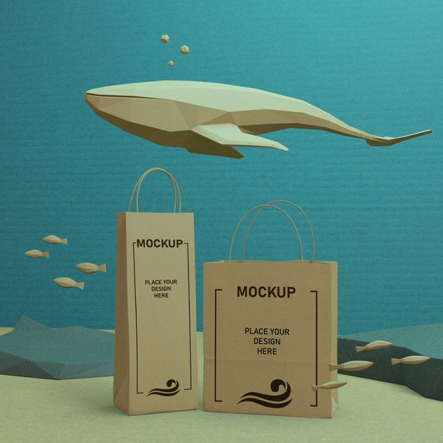 Free Paper Bags And Sea Life With Mock-Up Concept Psd