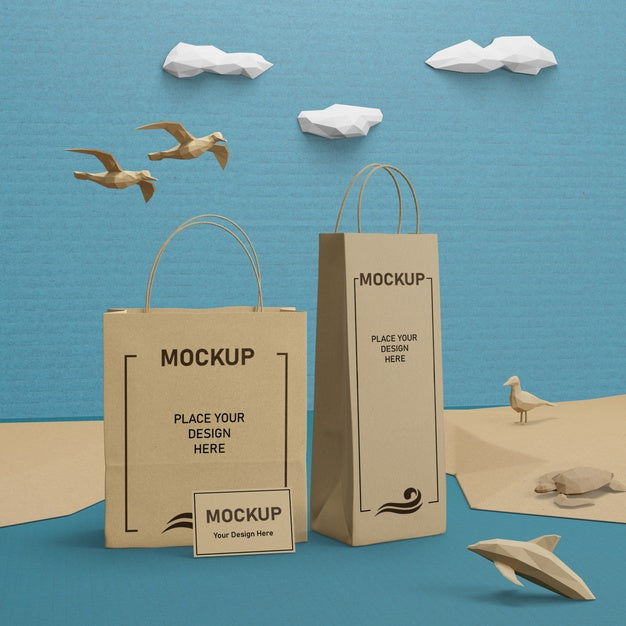 Free Paper Bags And Sea Life With Mock-Up Concept Psd