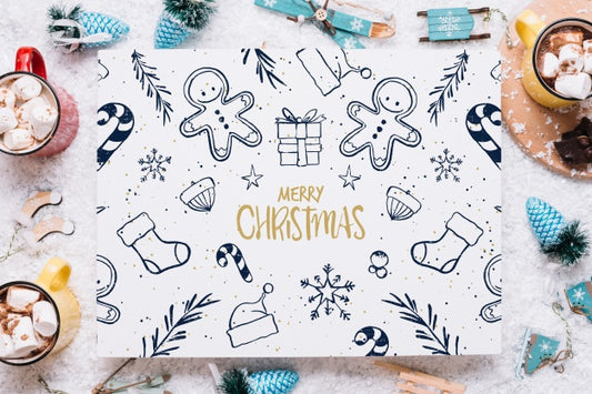 Free Paper Card Mockup With Christmas Elements Psd