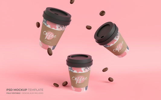 Free Paper Coffee Cups And Beans In Gravity Mockup Psd