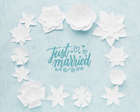 Free Paper Flowers On Blue Wedding Background Mock-Up Psd