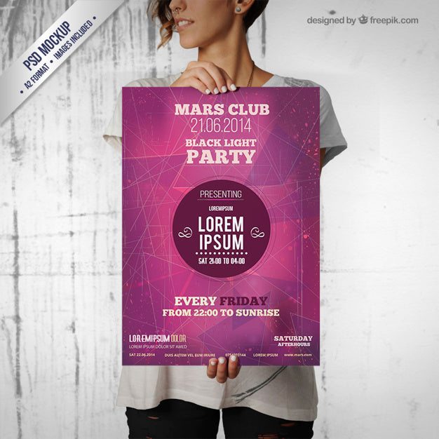 Free Woman Holding a Flyer or Poster Mockup Front View