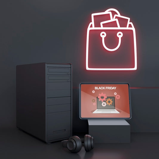 Free Pc Mock-Up With Neon Lights Psd