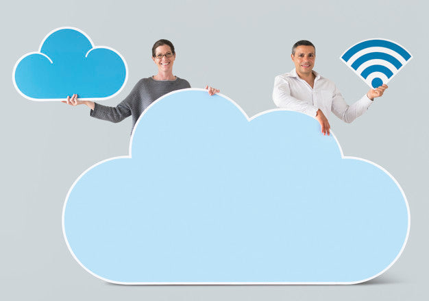Free People Holding Cloud And Technology Icons Psd