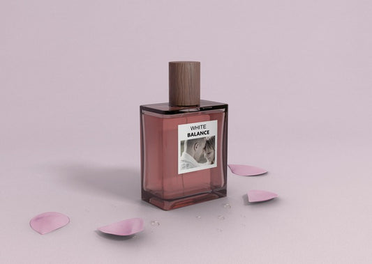 Free Perfume Bottle On Table With Petals Psd