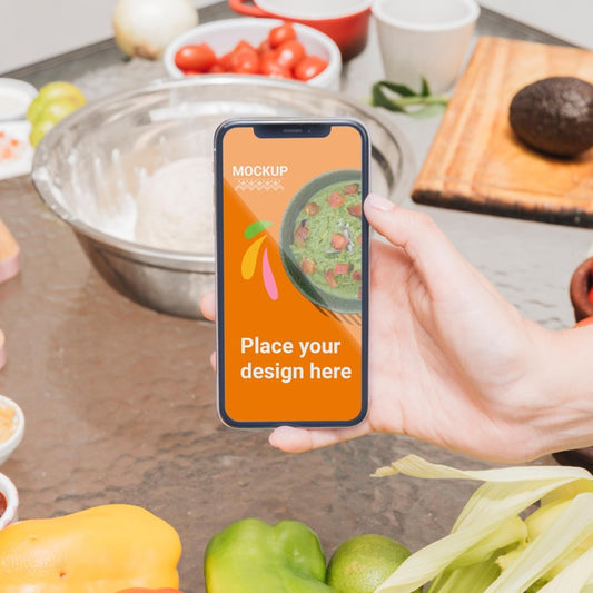 Free Person Holding A Mobile Phone Healthy Food Mock-Up Psd
