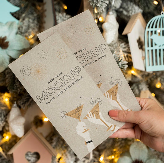 Free Person Holding Mock-Up Cards In Front Of Christmas Decorations Psd