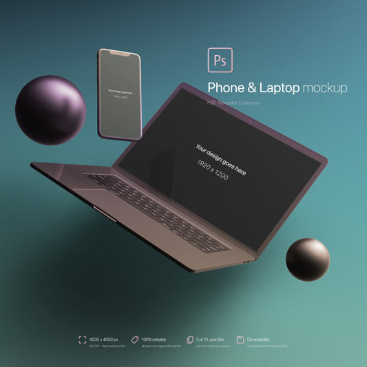 Free Phone And Laptop Floating In An Abstract Environment Mockup Psd