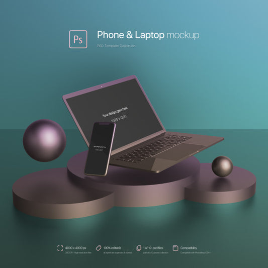 Free Phone And Laptop Floating In An Abstract Scene Mockup Psd