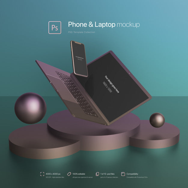 Free Phone And Laptop Flying In An Abstract Scene Mockup Psd