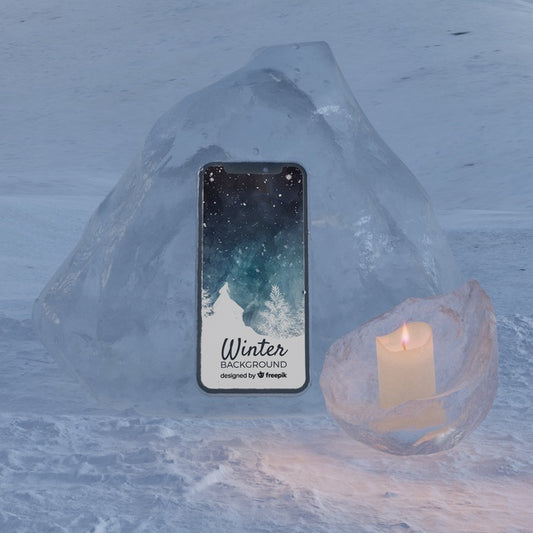 Free Phone On Ice Block Light By Candle Psd