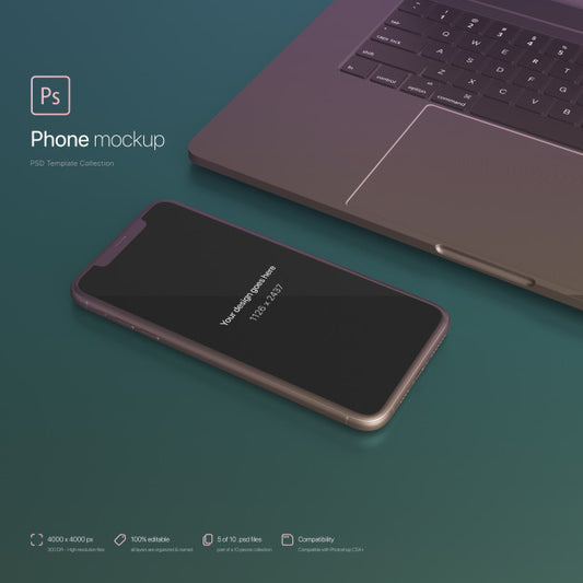 Free Phone Setting Next To A Laptop At An Abstract Scene Mockup Psd