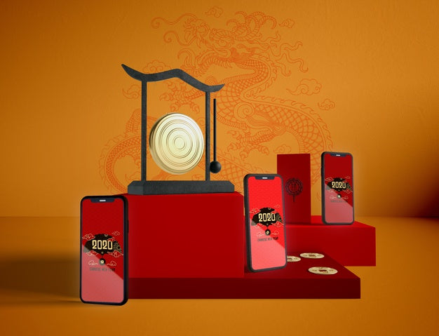 Free Phones Mock Up On Chinese New Year Background Psd
