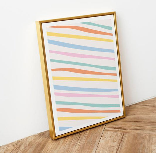 Free Picture Frame Mockup On Wooden Floor With Pastel Stripes Psd