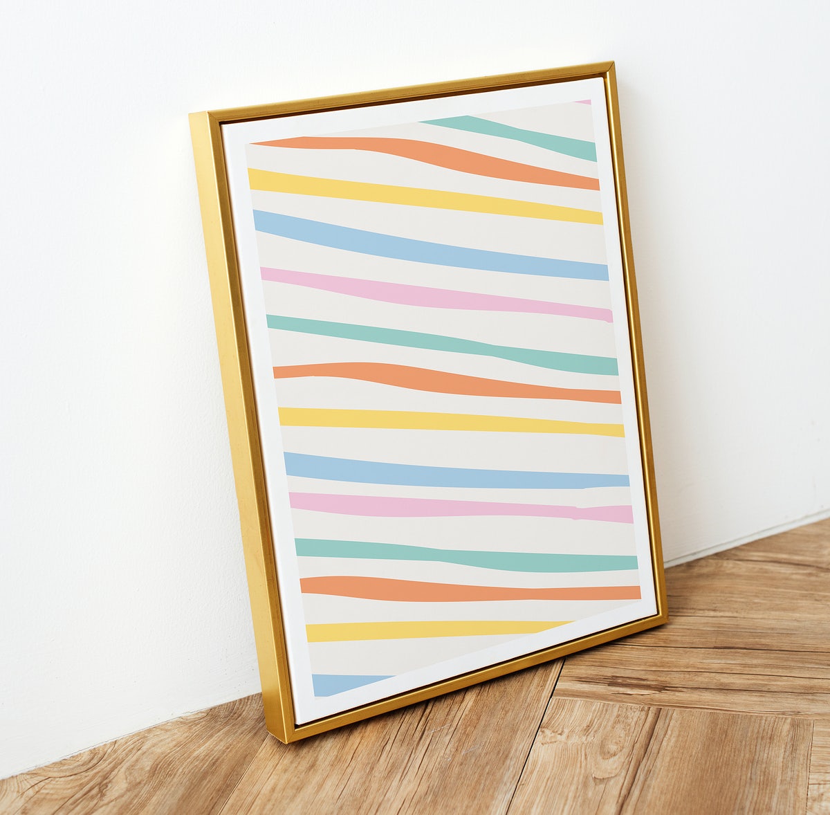 Free Picture Frame Mockup Psd On Wooden Floor With Pastel Stripes Image