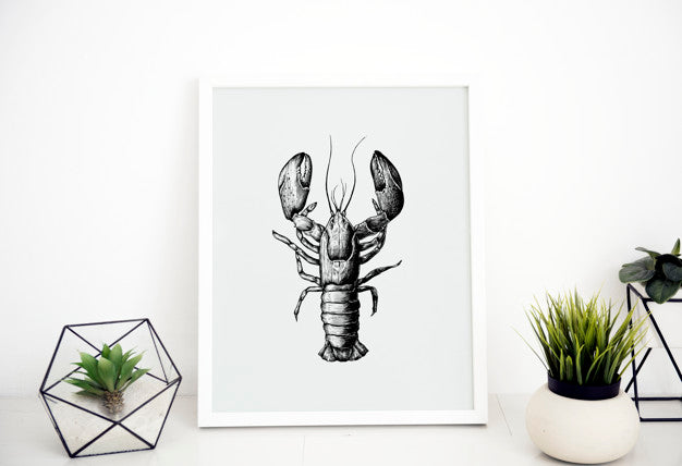 Free Picture Frame Mockup With A Lobster Drawing Psd