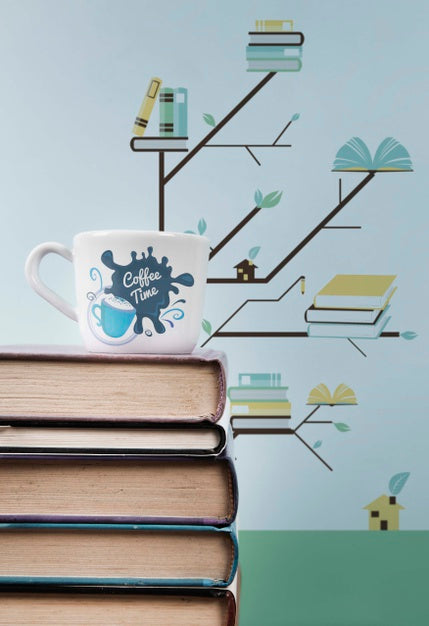 Free Pile Of Books Close-Up With Cup Of Coffee Psd