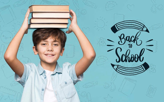 Free Pile Of Books Young Cute Boy Mock-Up Psd