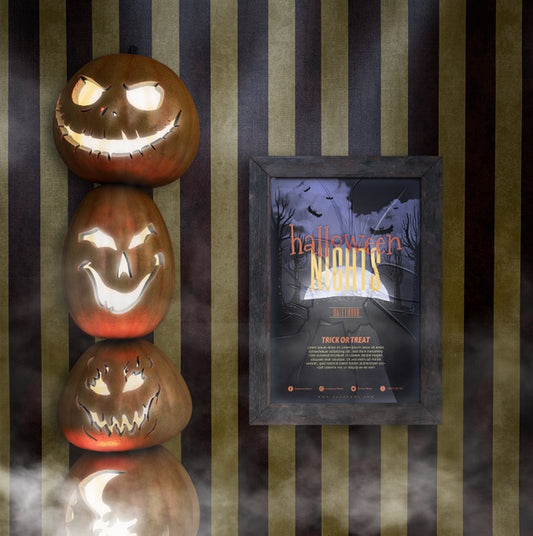 Free Pile Of Carved Pumpkins And Halloween Nights Frame Mock-Up Psd