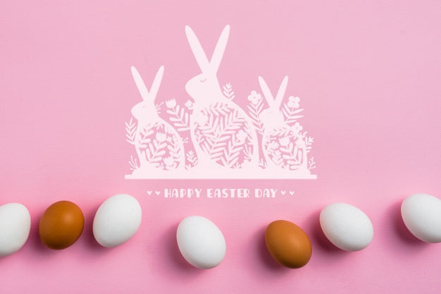 Free Pink Background Mockup With Easter Eggs And Bunnies Psd