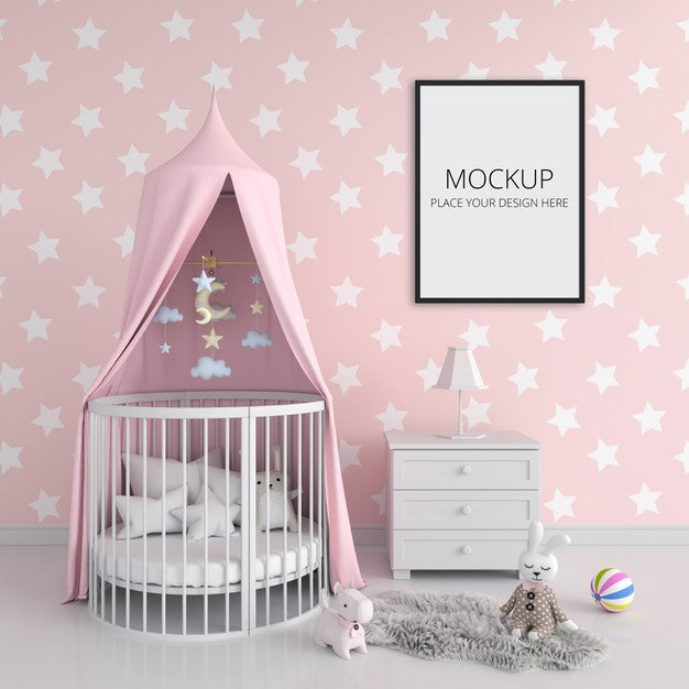 Free Pink Child Bedroom With Frame Mockup Psd