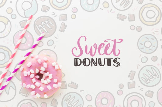Free Pink Donut With Sweets And Mock Up Psd