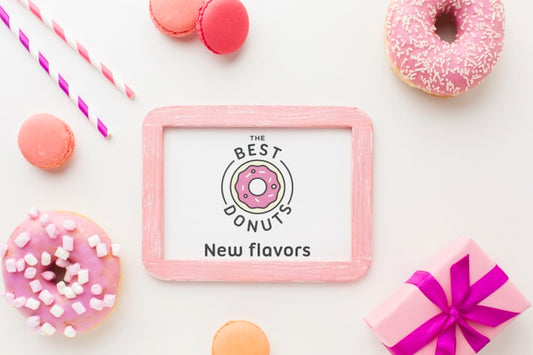 Free Pink Donuts And Sweets With Frame Mock-Up Psd