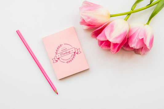 Free Pink Flowers Concept With Notebook Psd