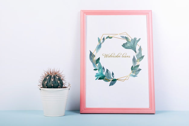 Free Pink Frame Mockup With Decorative Cactus Psd