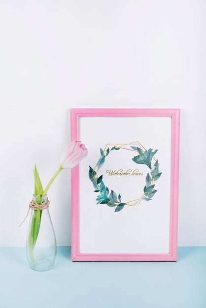 Free Pink Frame Mockup With Decorative Tulip Psd