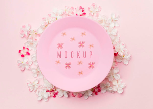 Free Pink Plate Mockup Surrounded By Jasmine Flowers Psd