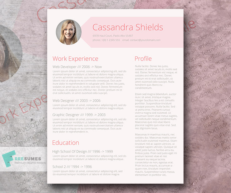 Free Creative Blush Photo CV Resume Template in Minimal Style in Microsoft Word (DOC) Format