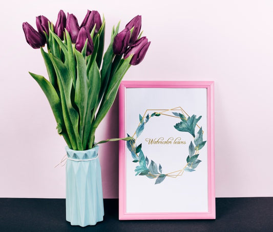Free Pink Spring Frame Mockup With Bouquet Of Tulips Psd