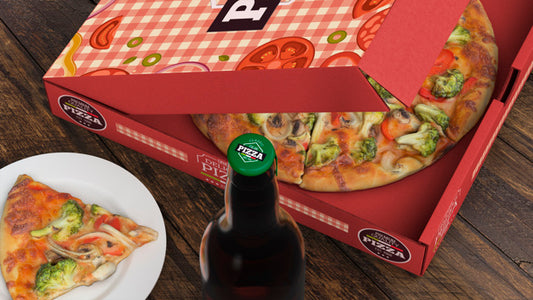 Free Pizza Box Mockup And Bottle Psd