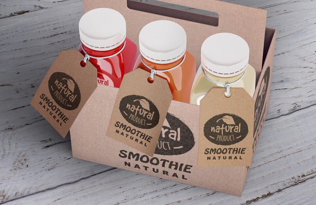 Free Plastic Bottles Of Organic Smoothie In Cardboard Boxes High View And Labels Psd