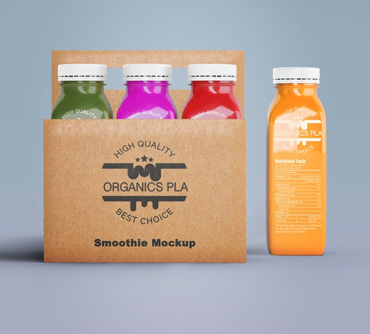 Free Plastic Bottles Of Organic Smoothie In Cardboard Boxes Psd