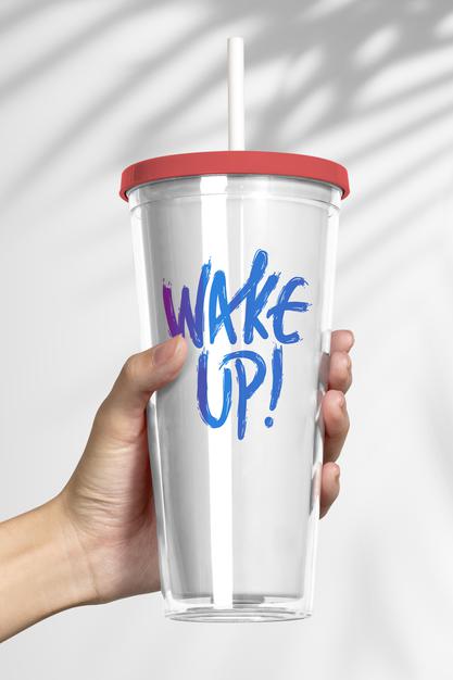 Free Plastic Tumbler Product Mockup With Wake Up Quote Psd
